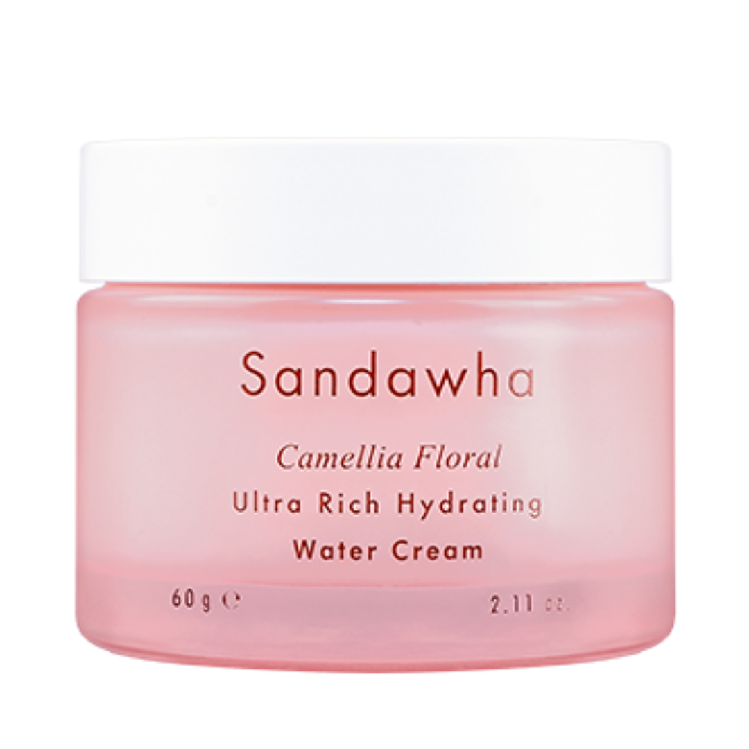 Lyserød krukke med hvidt låg, mærket "Sandawha Camellia Floral Water Cream".
