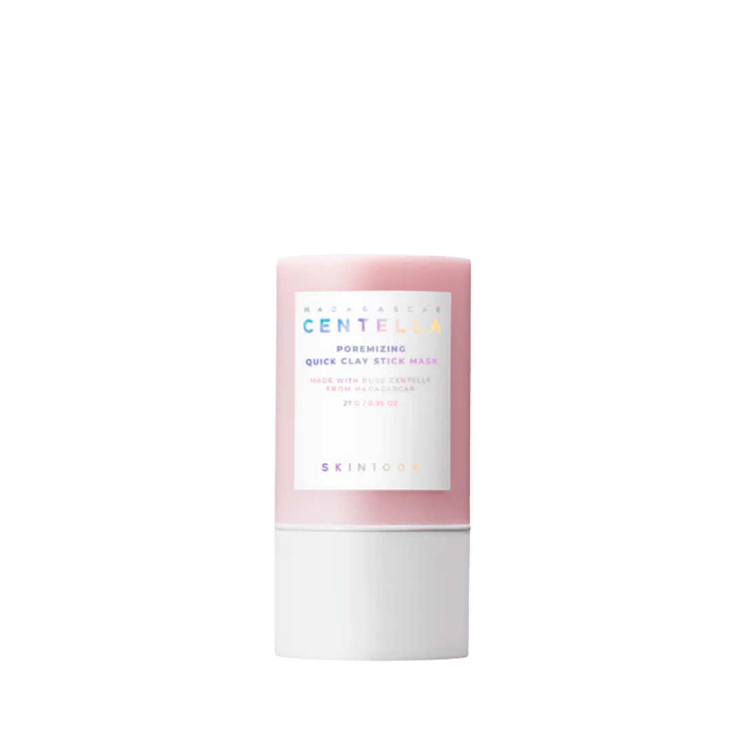 Pink stick med hvidt label, farverig tekst: SKIN1004, Madagascar Centella Poremizing Clay Mask.