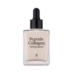 Rektangulær flaske med sort pipette, mærket "Peptide Collagen Firming Serum".