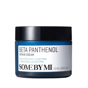 Blå krukke med sort låg, etiketten siger "Beta Panthenol Repair Cream" fra Some By Mi.