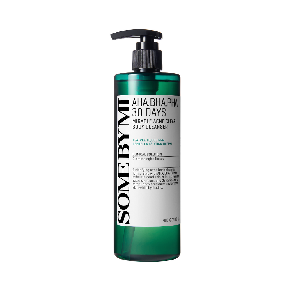 Grøn flaske med sort pumpe, "Some By Mi" AHA BHA PHA 30 Days Miracle Acne Clear Body Cleanser.