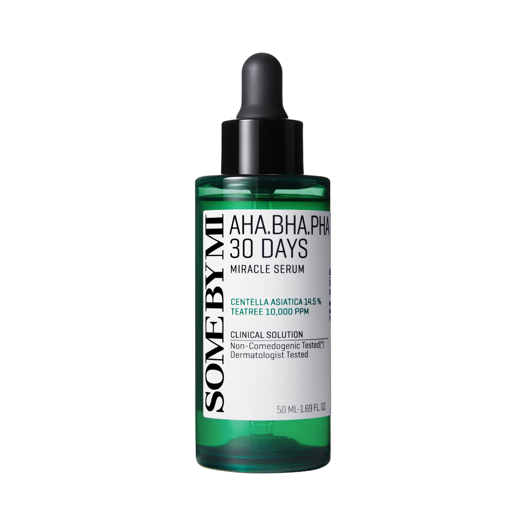 Grøn flaske med pipette, mærket "SOME BY MI AHA BHA PHA 30 Days Miracle Serum," 50 ml.