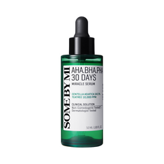 Grøn flaske med pipette, mærket "SOME BY MI AHA BHA PHA 30 Days Miracle Serum," 50 ml.