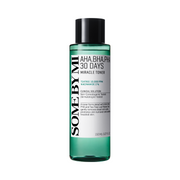 Grøn flaske med etikette "Some By Mi - AHA BHA PHA 30 Days Miracle Toner" og produktdetaljer.
