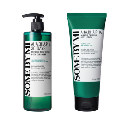 Grøn flaske med pumpe og tube med Some By Mi AHA BHA PHA body cleanser og lotion.