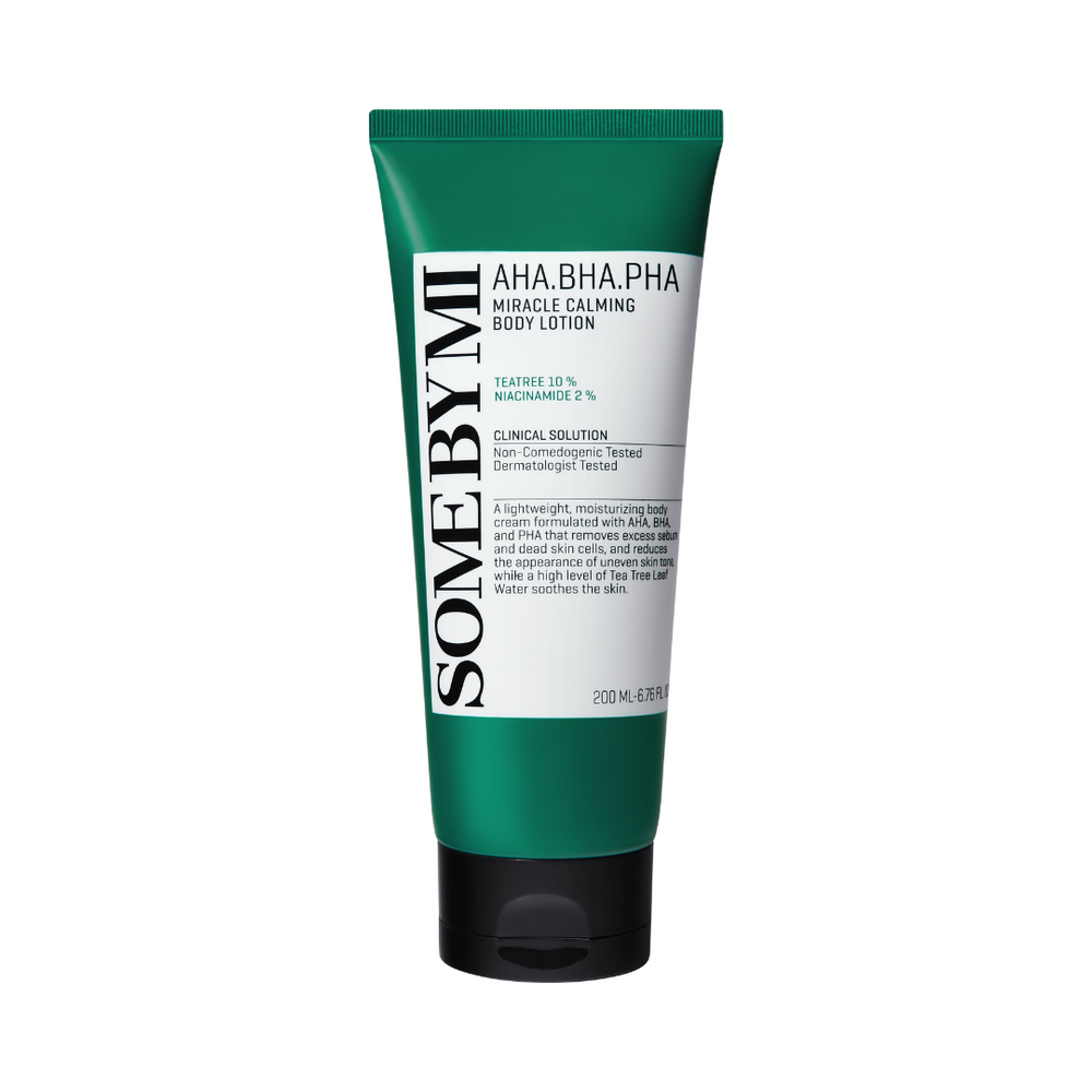Grøn tube med hvid etiket, Some By Mi AHA BHA PHA Miracle Calming Body Lotion, 200 ml.