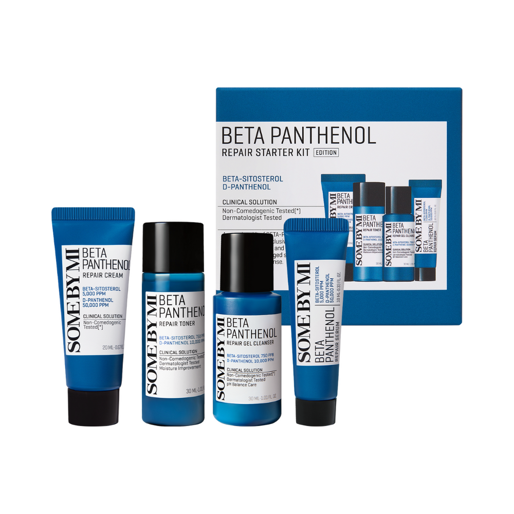 Fire blå Some By Mi produkter og en kasse fra Beta Panthenol Repair Starter Kit.