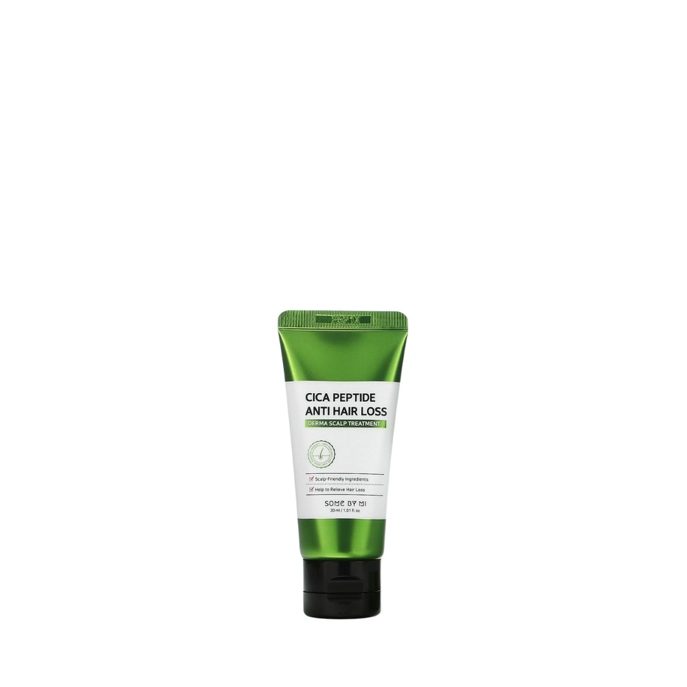 Grøn tube med teksten "CICA PEPTIDE ANTI HAIR LOSS" og "DERMA SCALP TREATMENT" på forsiden.