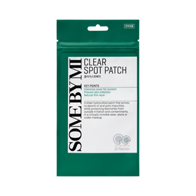 Grøn pakke med teksten "Some By Mi Clear Spot Patch" og produktinformationer på forsiden.
