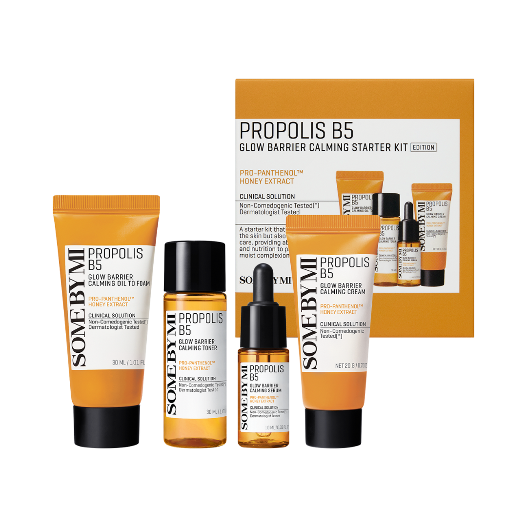 Skincare-sæt med fire Propolis B5 produkter: foam, toner, serum, creme og en orange æske.