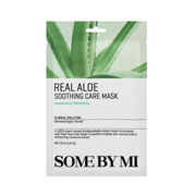 Pakke med aloe baggrund, tekst: "Real Aloe Soothing Care Mask, Some By Mi", fugtgivende.
