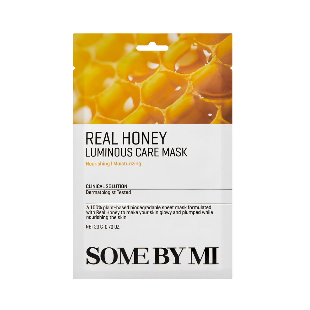 Pakke med honningkage-design og tekst: "Real Honey Luminous Care Mask" fra Some By Mi.