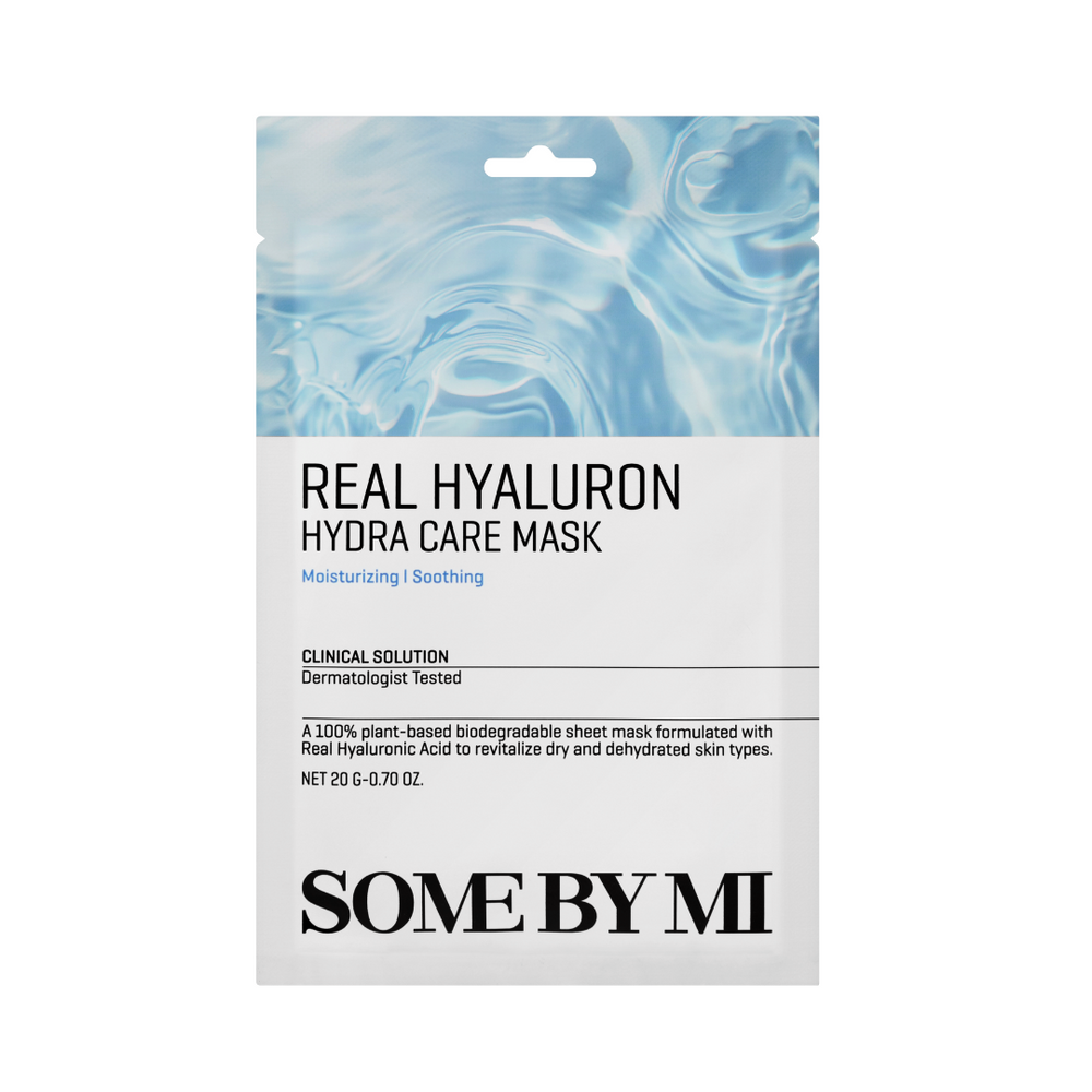 Maske med blå vanddesign, teksten "Real Hyaluron Hydra Care Mask" og "Some By Mi" nederst.