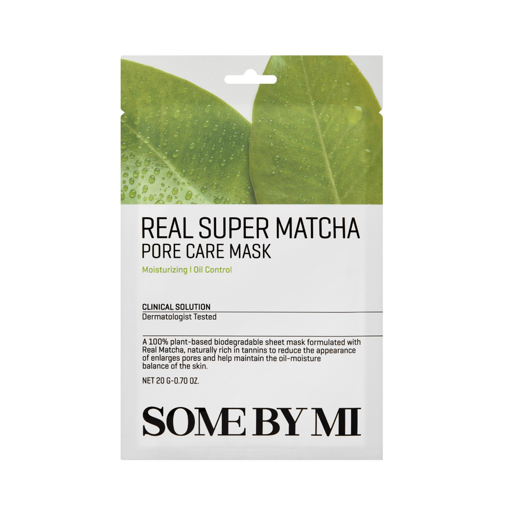 Forpakning med grønne blade, vanddråber og teksten "Real Super Matcha Pore Care Mask".