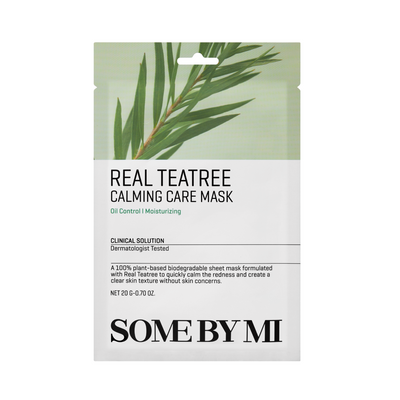 Pakke med grønne blade, teksten "Real Teatree Calming Care Mask", "Oil Control | Moisturizing".