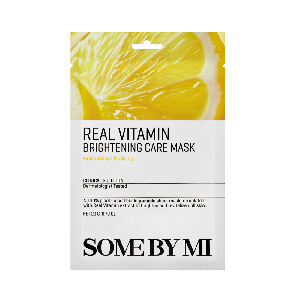 Pakke af Some By Mi maske med citronmotiv, teksten "Real Vitamin Brightening Care Mask".