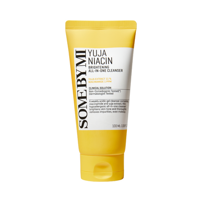 Gul tube med Some By Mi Yuja Niacin Brightening All-In-One Cleanser, 100 ml, med tekstdetaljer.