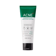 Grøn/hvid tube med tekst: "ACNE", ingredienser Teatree Leaf Water, Centella Asiatica.
