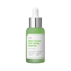 Grøn flaske med sølv pipette, mærket "Green Tomato Pore Lifting Ampoule+".