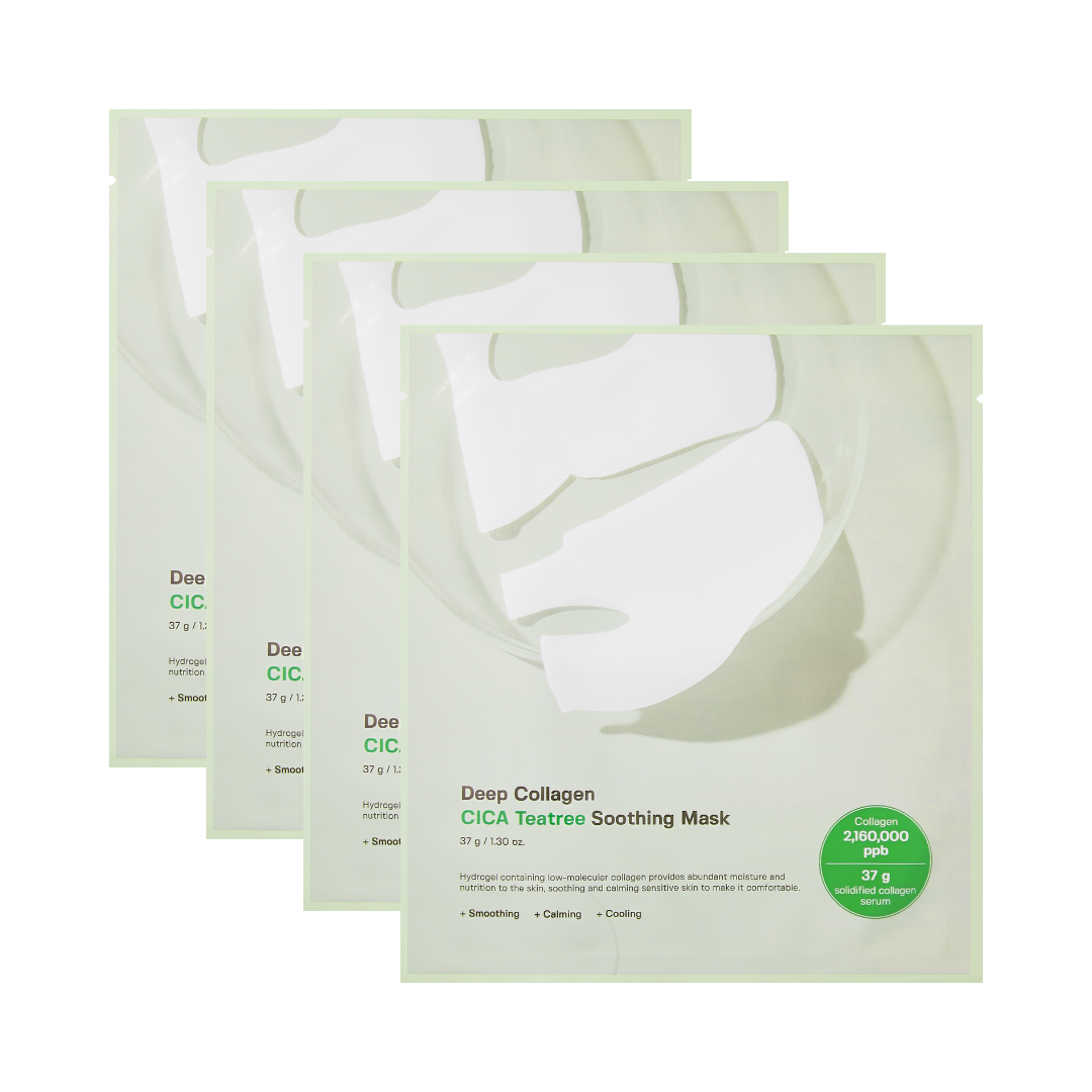 Fire overlappende pakker af Deep Collagen Cica Teatree Soothing Mask på lys grøn baggrund.