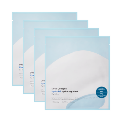 Fire pakker af Sungboon Editor Deep Collagen Hyalu-B5 Mask med blå og hvidt design, fugtgivende.