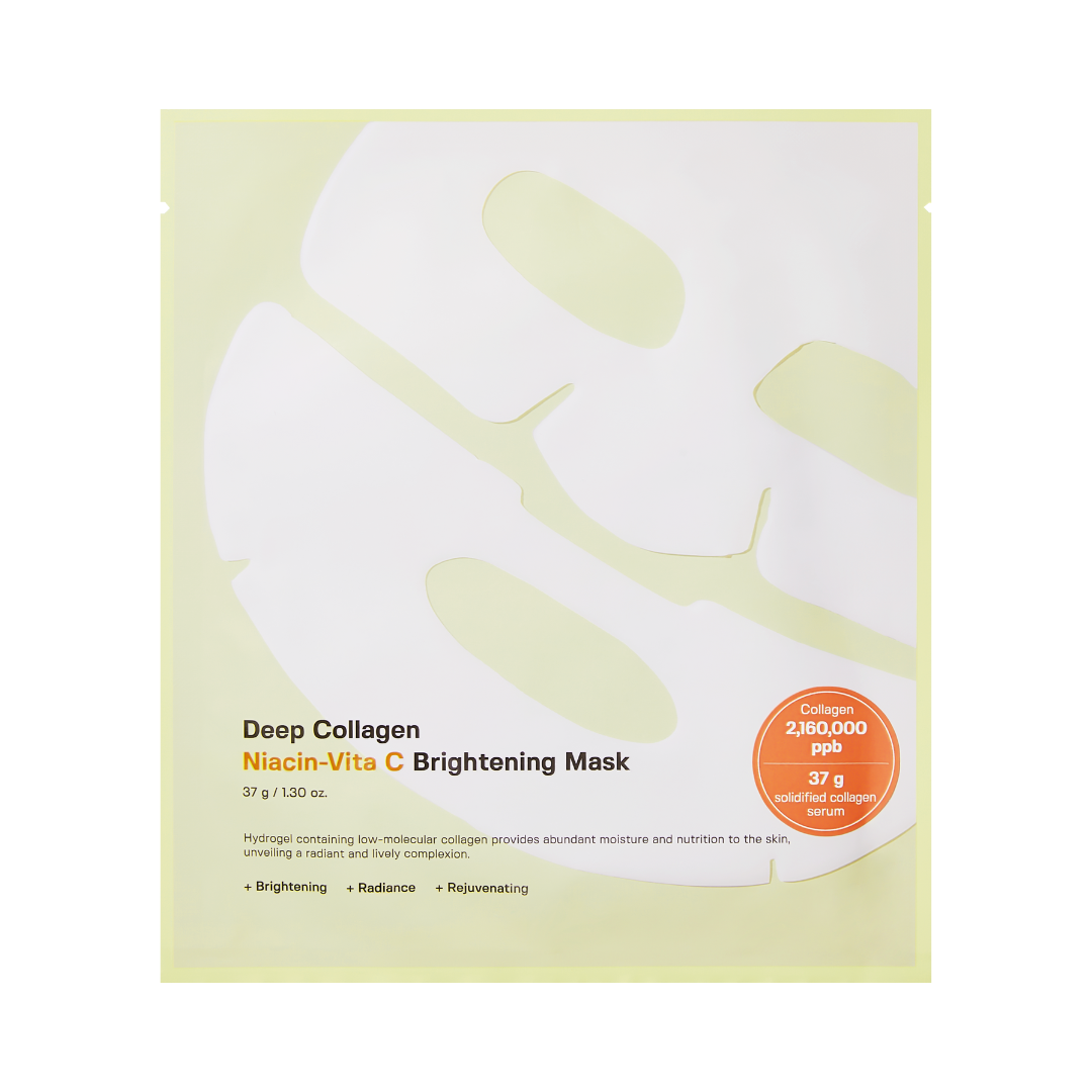Pakke til Deep Collagen Niacin-Vita C Brightening Mask med ingrediensinfo og kollagenmængde.
