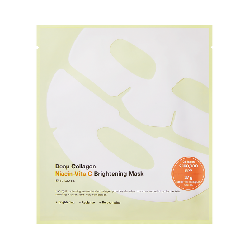 Pakke til Deep Collagen Niacin-Vita C Brightening Mask med ingrediensinfo og kollagenmængde.
