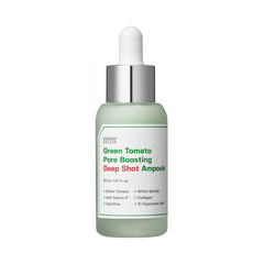 Grøn flaske med sølvhætte, mærket "Green Tomato Pore Boosting Deep Shot Ampoule."