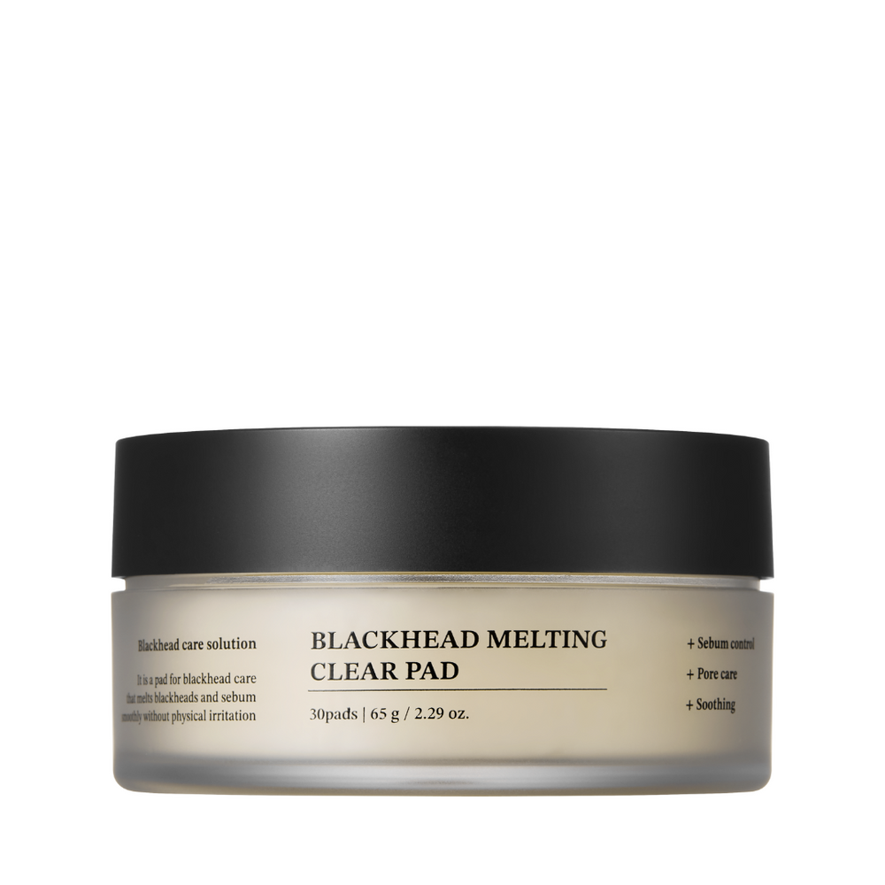 Rund krukke med sort låg, mærket "Blackhead Melting Clear Pad," 30 pads, 65g.