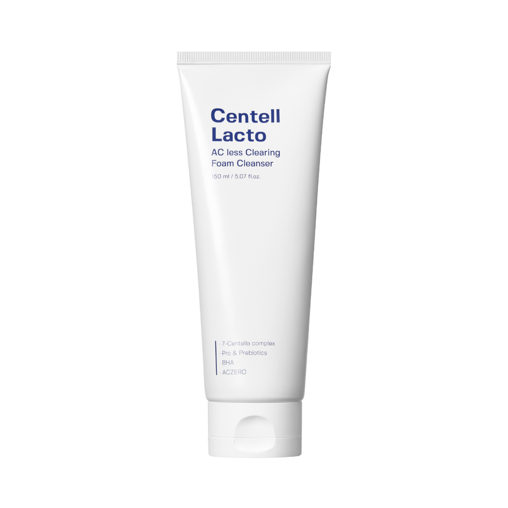 Hvid tube med "Centell Lacto AC Less Clearing Foam Cleanser" trykt på, 150 ml kapacitet.