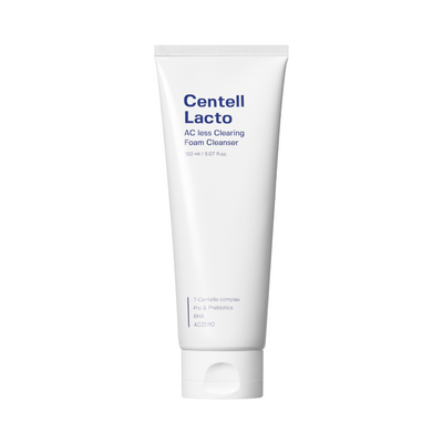 Hvid tube med "Centell Lacto AC Less Clearing Foam Cleanser" trykt på, 150 ml kapacitet.