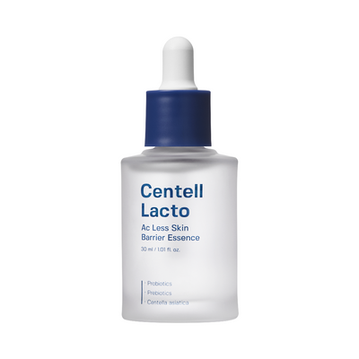 Klar flaske med blå hætte; tekst: Centell Lacto AC Less Skin Barrier Essence, 30 ml, med ingredienser.