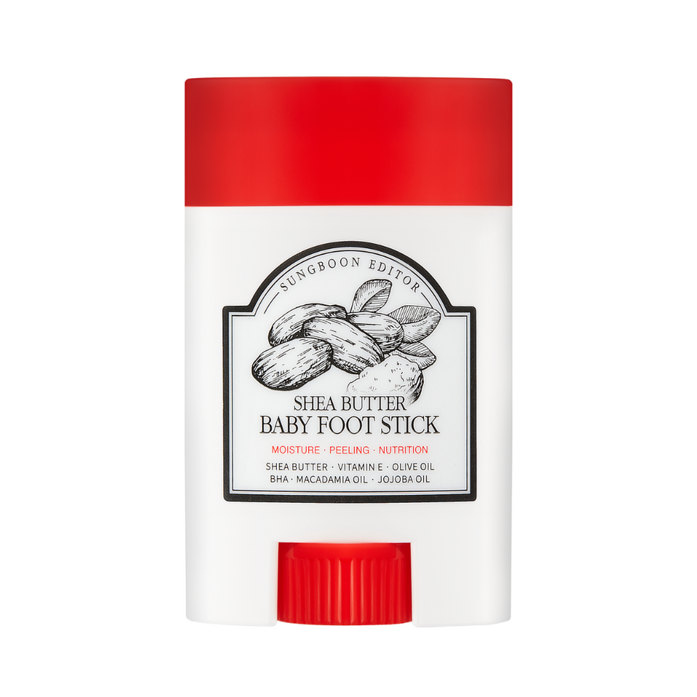 Hvid beholder med rødt låg, etikette med sheasmør illustration, tekst: "Shea Butter Baby Foot Stick".