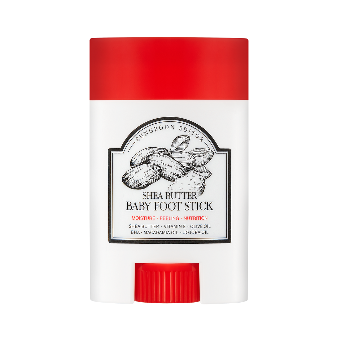Hvid beholder med rødt låg, etikette med sheasmør illustration, tekst: "Shea Butter Baby Foot Stick".