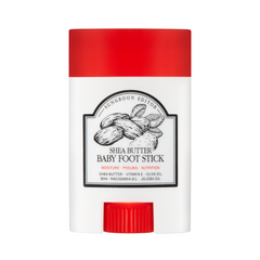 Hvid beholder med rødt låg, etikette med sheasmør illustration, tekst: "Shea Butter Baby Foot Stick".