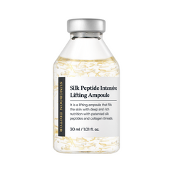 Flaske med sølv låg, "Silk Peptide Intensive Lifting Ampoule", 30 ml, klar væske indeni.