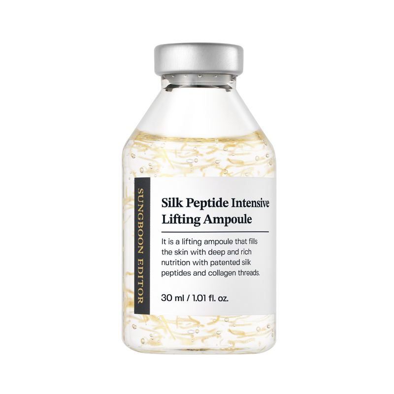 Flaske med sølv låg, "Silk Peptide Intensive Lifting Ampoule", 30 ml, klar væske indeni.