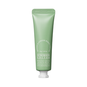 Grøn tube med tekst "Sungboon Editor - Woody & Ginger Hand Cream", 30 g.
