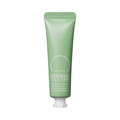 Grøn tube med tekst "Sungboon Editor - Woody & Ginger Hand Cream", 30 g.