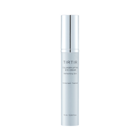 Sølvfarvet tube med "TIRTIR Collagen Lifting Eye Cream", 15 ml, til rynkebehandling og opstramning.