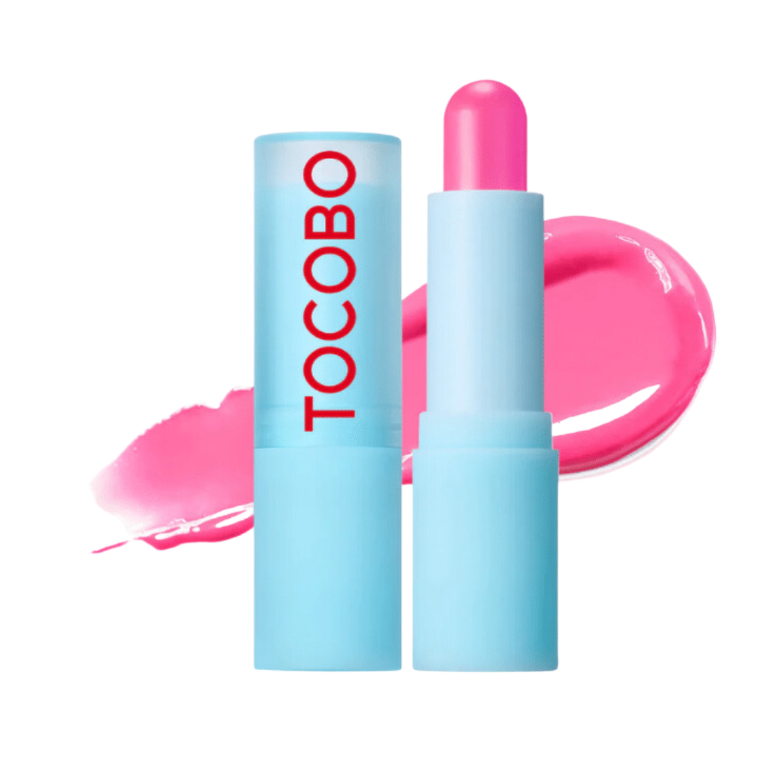 Lyseblå tube med rød "TOCOBO", pink læbepomade og pink glans i baggrunden.