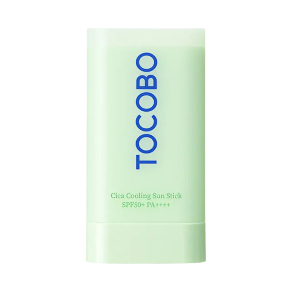 Lys grøn solstift med blå "TOCOBO" og grøn tekst: "Cica Cooling Sun Stick SPF50+ PA+++".