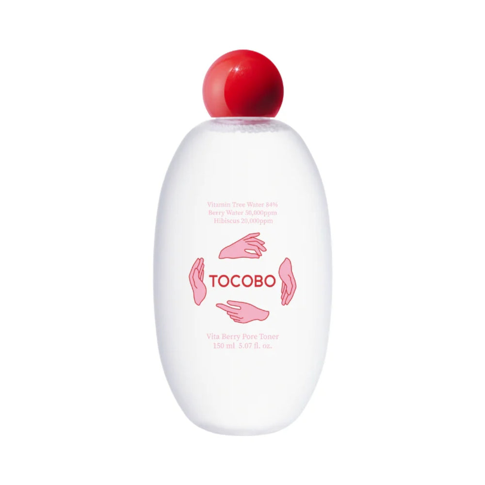 Flaske med Tocobo Vita Berry Pore Toner, gennemsigtig med rød låg og lyserød etiket.