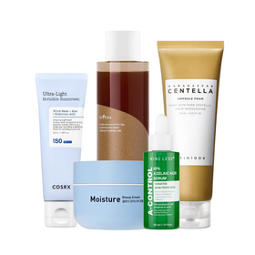 Fem hudplejeprodukter mod bumser og store porer, inkl. solcreme og serum.