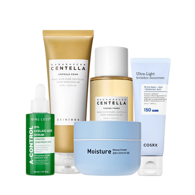 Fem hudplejeprodukter til bumser og porer: serum, skum, toner, creme og solcreme.