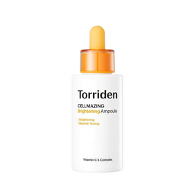 Hvid flaske med orange pipette, mærket "Torriden Cellmazing Brightening Ampoule" med Vitamin C.