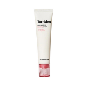 Hvid tube med "Torriden Cellmazing Firming Cream" og lyserødt låg. Anti-rynke, pore-opstramning.