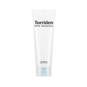 Hvid tube med teksten "Torriden Dive-In Cleansing Foam" og gennemsigtigt låg.