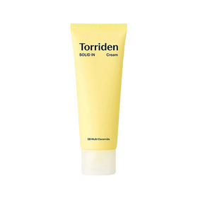 Gul tube med sort tekst: "Torriden Solid In Cream" og "5D Multi Ceramide" nederst.