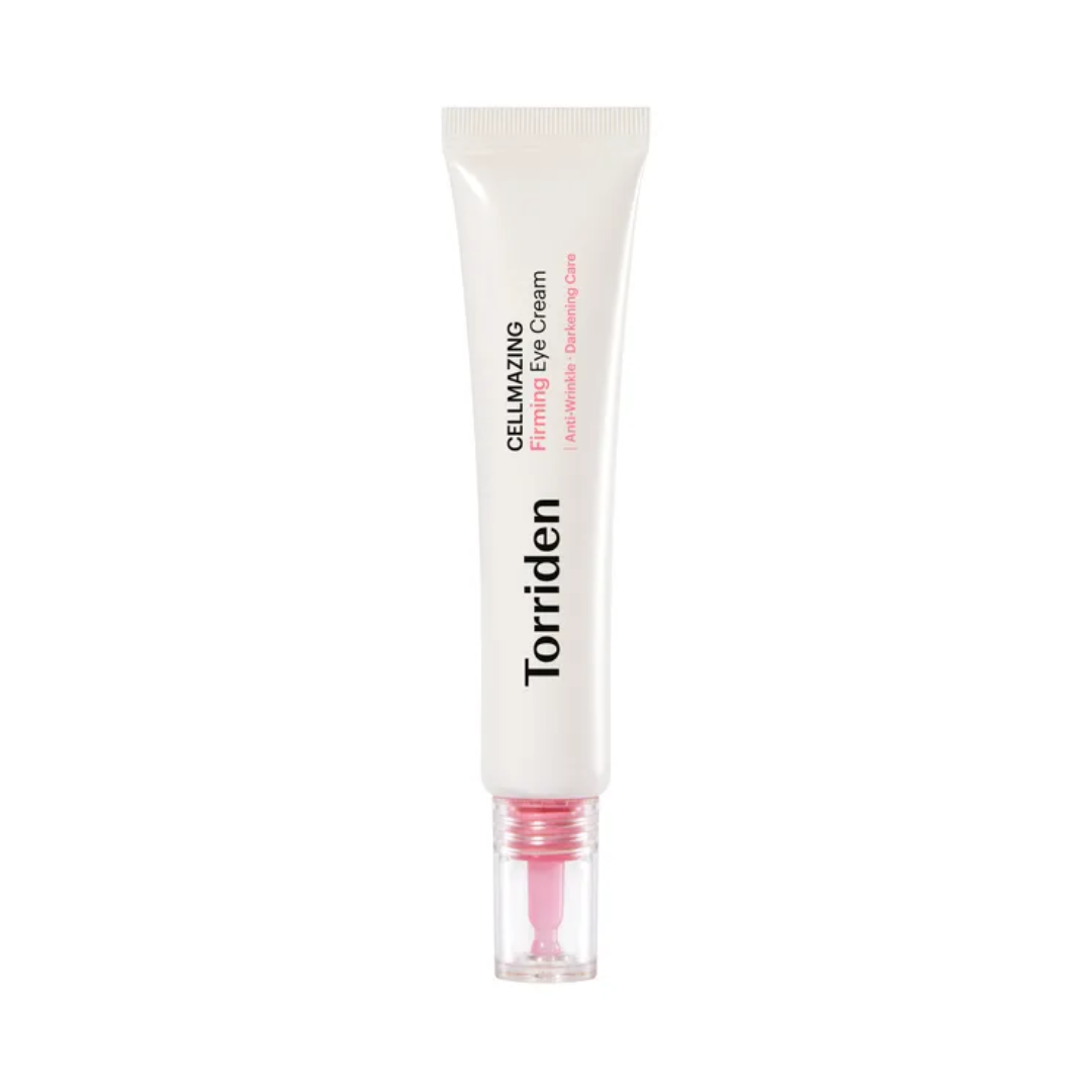 Hvid tube med "Torriden Cellmazing Firming Eye Cream" tekst og gennemsigtigt låg.